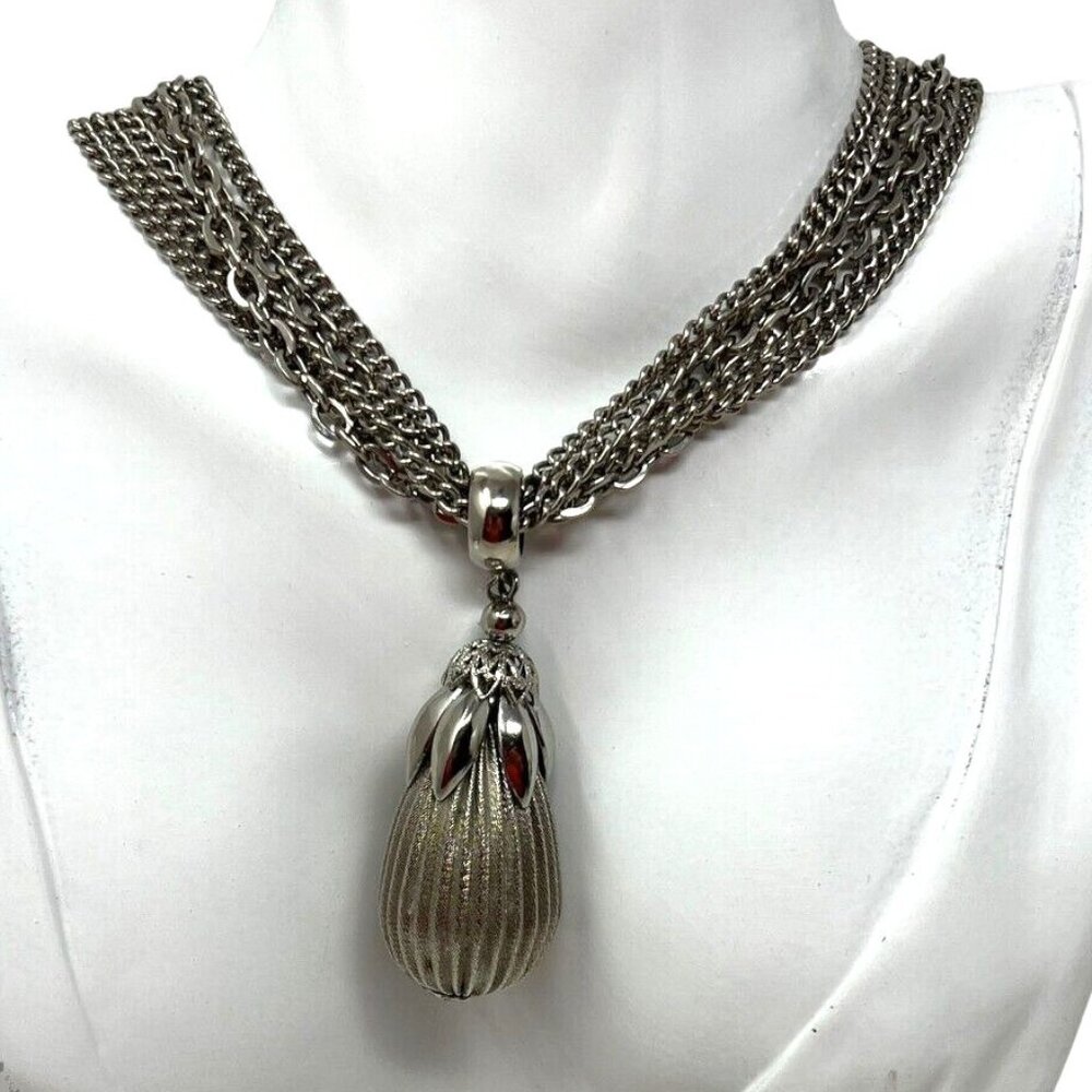 Vintage Multi Chain Necklace with Large Pineapple Silver Tone Pendant